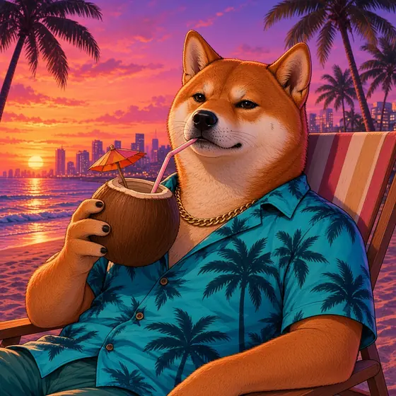 Vice Inu sipping a coconut in a beach chair at sunset.