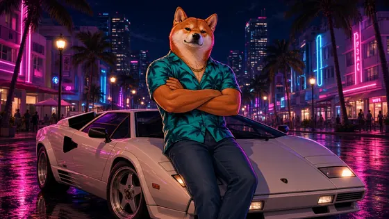Vice Inu leaning on a white supercar under neon at night.
