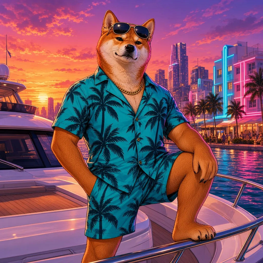 Vice Inu in sunglasses sitting on the bow of a white yacht with the city skyline at dusk.