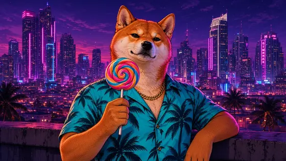Vice Inu with a lollipop on a balcony over the night skyline.