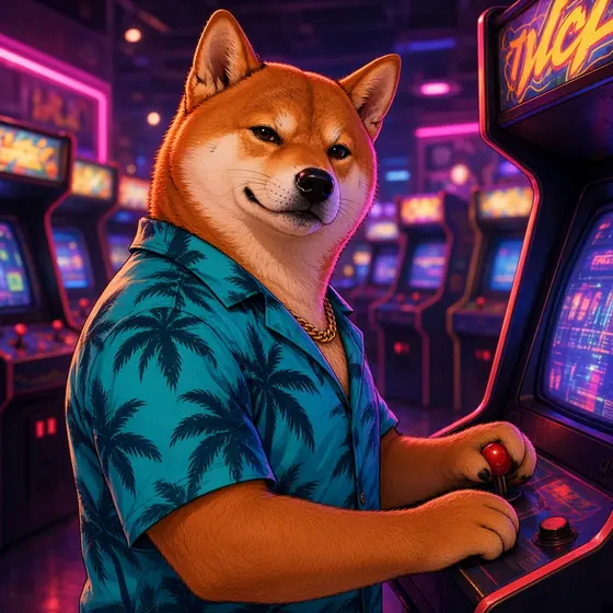 Vice Inu playing an arcade cabinet in a neon arcade.
