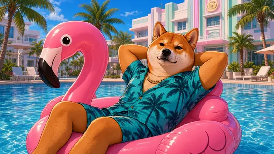 Vice Inu relaxing on a pink flamingo float in a hotel pool.