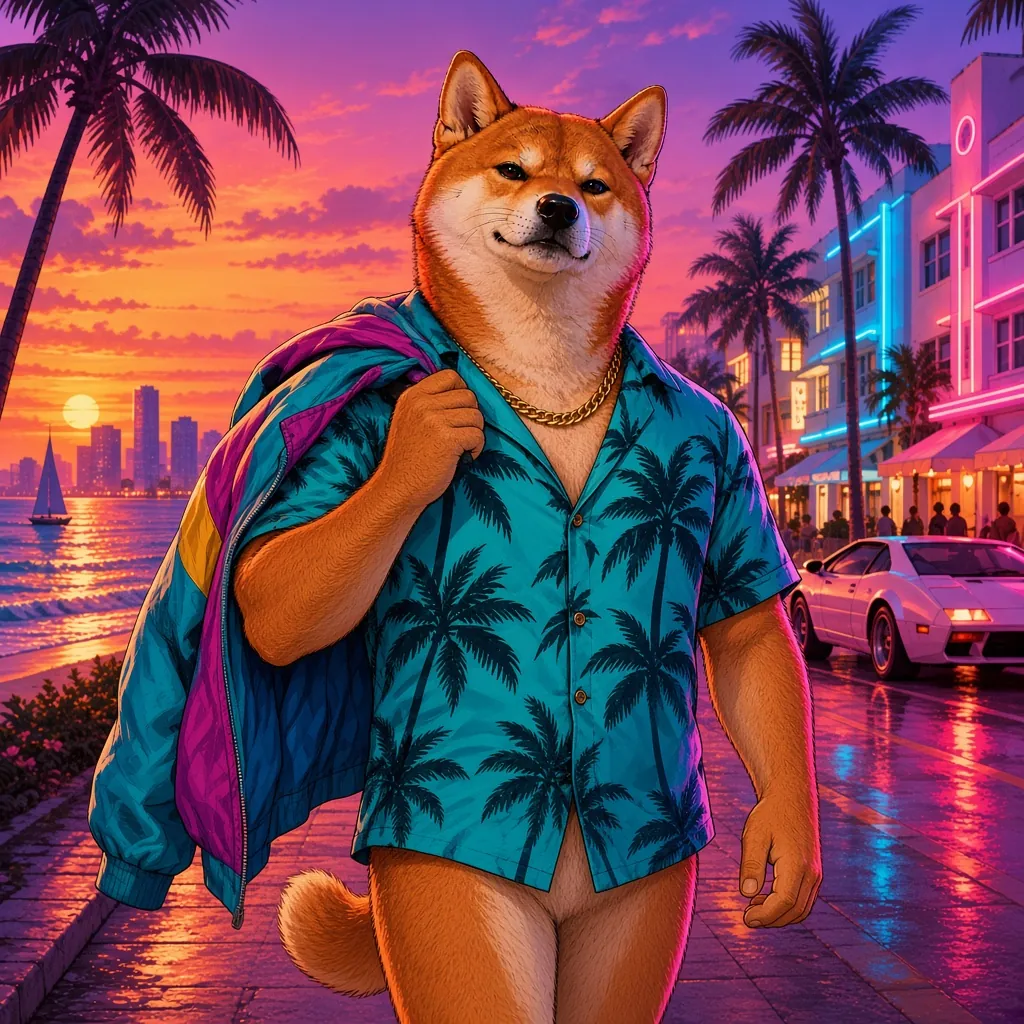 Vice Inu walking down a sunset street, jacket slung over one shoulder, palms and pastel hotels behind.