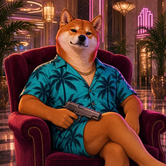 Vice Inu seated in a red velvet armchair in a mansion lobby.