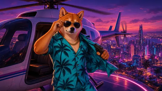Vice Inu in sunglasses beside a helicopter above the city.