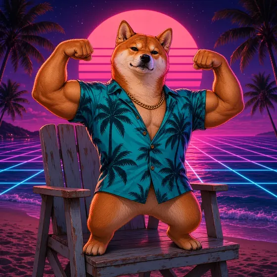 Vice Inu flexing on a beach chair in front of a synthwave sun and neon grid.